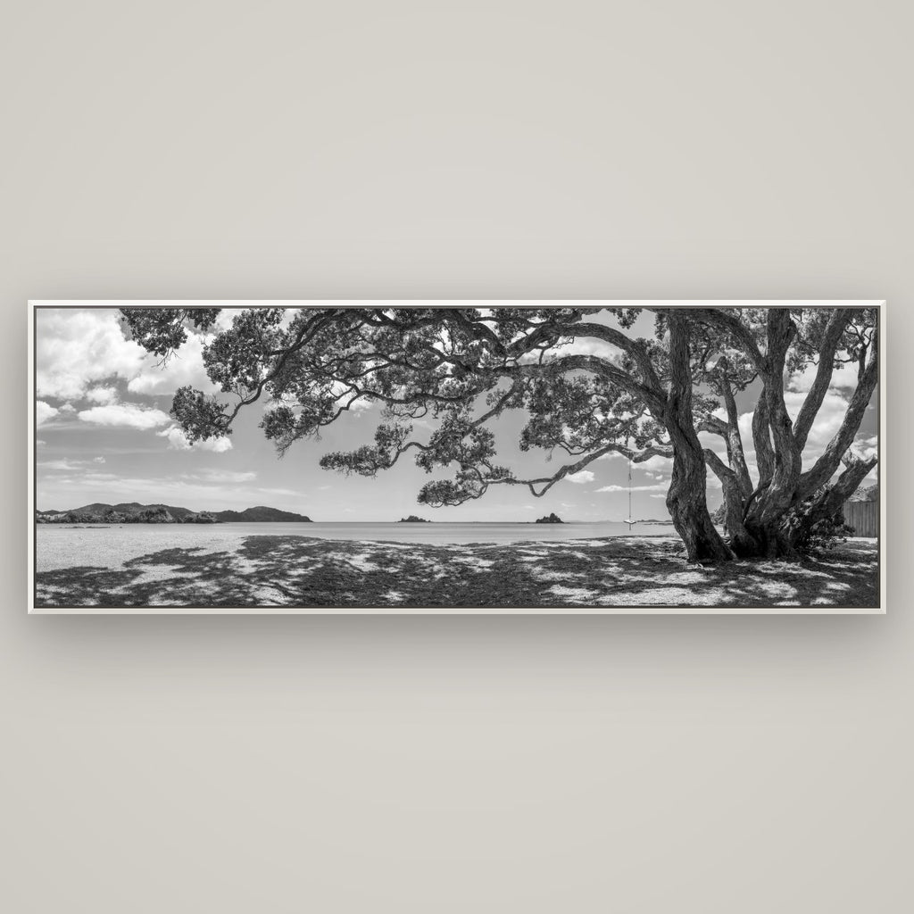 Harbour of Summer Light, Pōhutukawa Bloom, Bay of Islands — Basel White, 198×70 cm. New Zealand fine art wall art by Stephen Milner.