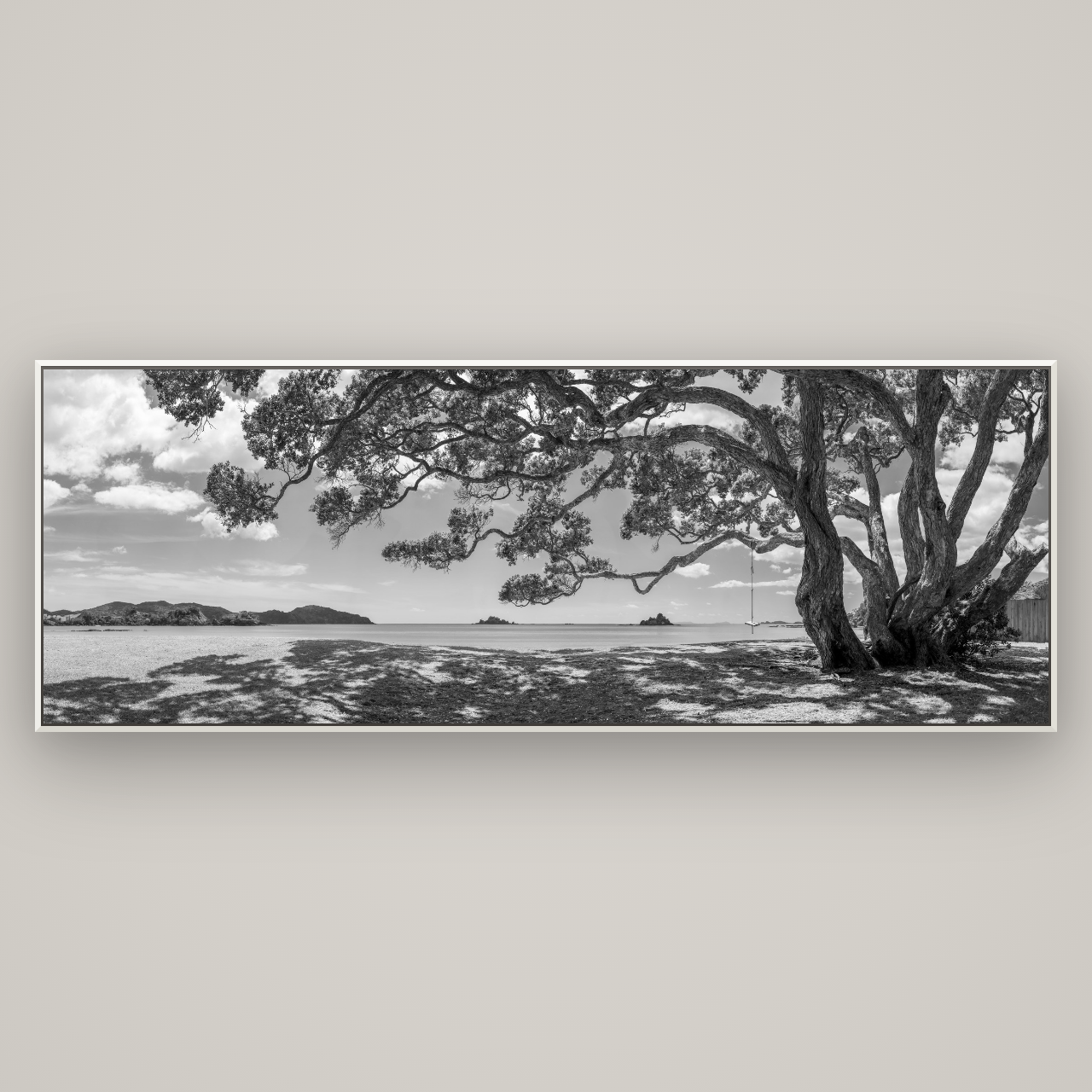 Harbour of Summer Light, Pōhutukawa Bloom, Bay of Islands — Basel White, 227×80 cm. New Zealand fine art wall art by Stephen Milner.