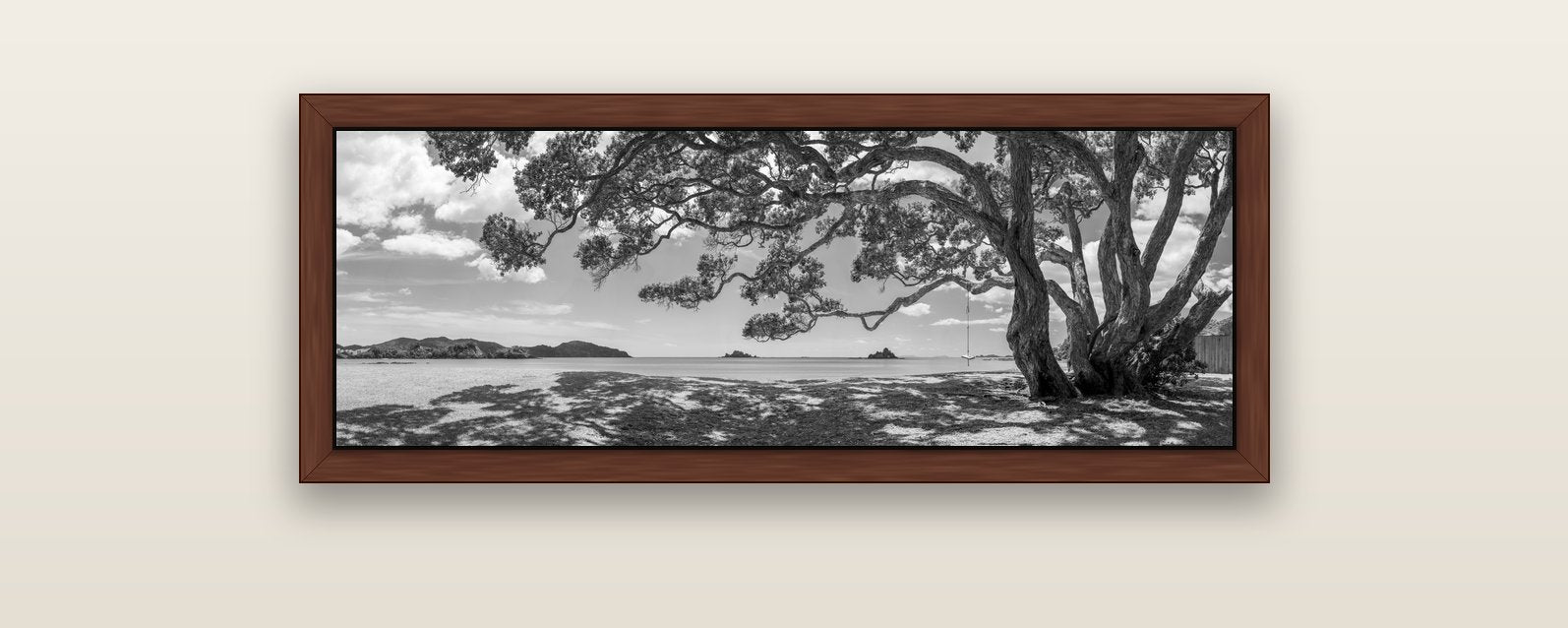 Harbour of Summer Light, Pōhutukawa Bloom, Bay of Islands — brown float frame canvas, 102 × 36 cm. New Zealand fine art landscape wall art by Stephen Milner.