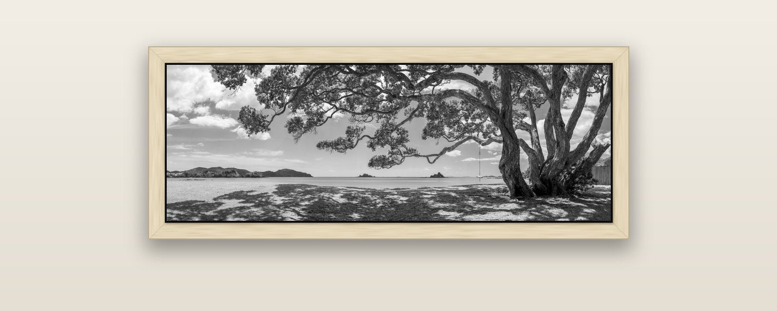 Harbour of Summer Light, Pōhutukawa Bloom, Bay of Islands — natural float frame canvas, 102 × 36 cm. New Zealand fine art landscape wall art by Stephen Milner.