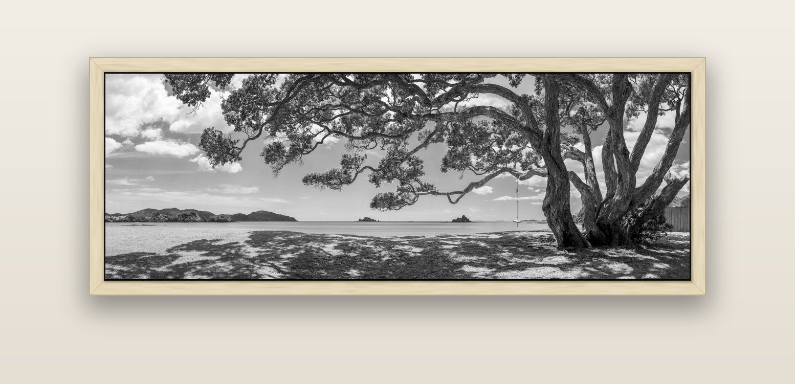 Harbour of Summer Light, Pōhutukawa Bloom, Bay of Islands — natural float frame canvas, 152 × 56 cm. New Zealand fine art landscape wall art by Stephen Milner.