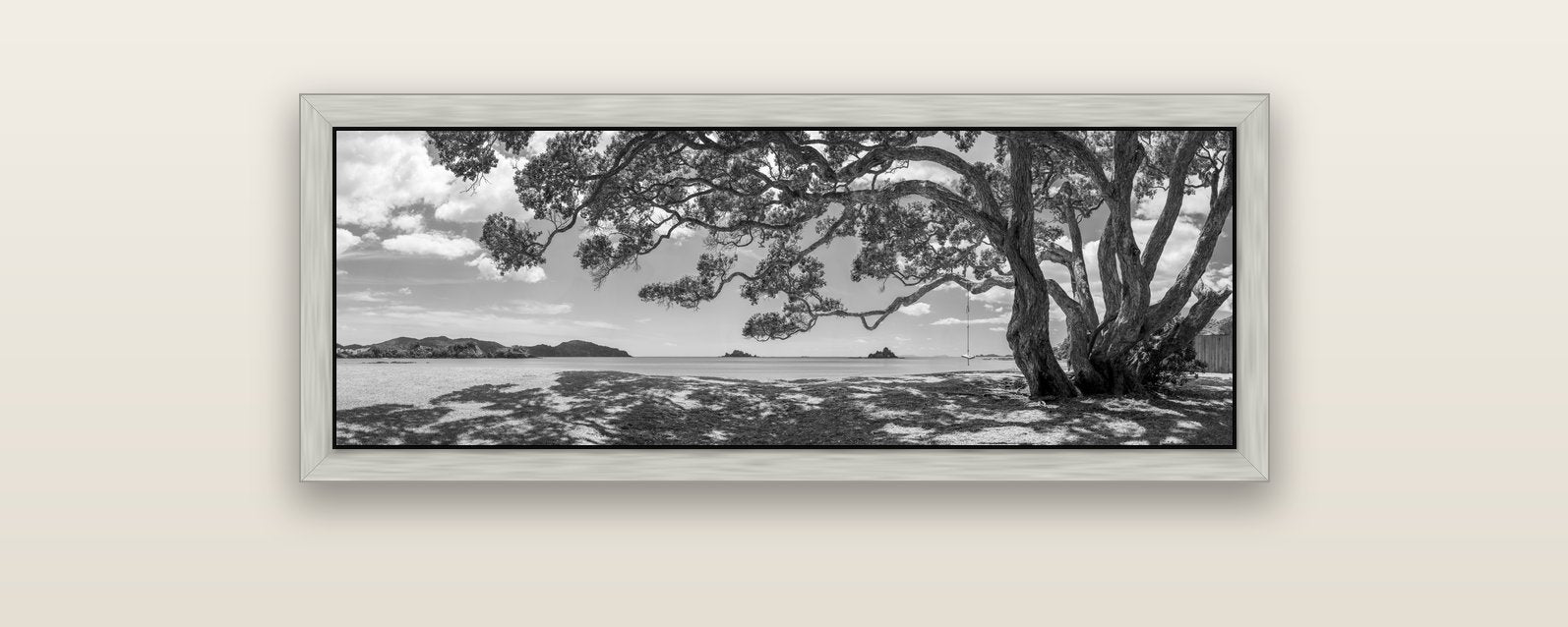 Harbour of Summer Light, Pōhutukawa Bloom, Bay of Islands — silver float frame canvas, 102 × 36 cm. New Zealand fine art landscape wall art by Stephen Milner.