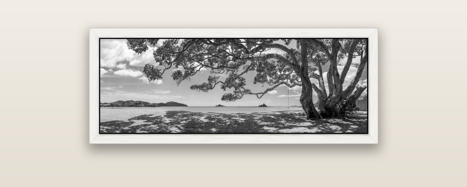 Harbour of Summer Light, Pōhutukawa Bloom, Bay of Islands — white float frame canvas, 102 × 36 cm. New Zealand fine art landscape wall art by Stephen Milner.