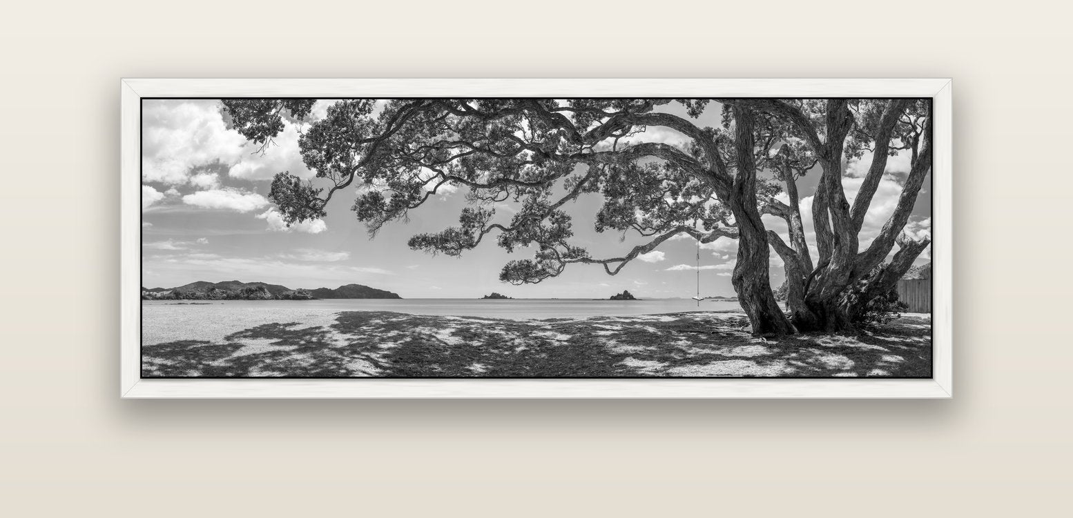 Harbour of Summer Light, Pōhutukawa Bloom, Bay of Islands — white float frame canvas, 152 × 56 cm. New Zealand fine art landscape wall art by Stephen Milner.