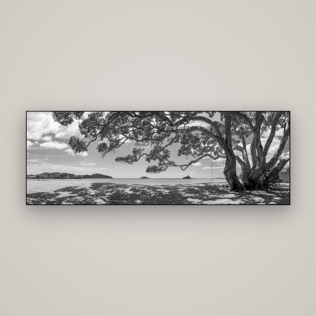 Harbour of Summer Light, Pōhutukawa Bloom, Bay of Islands — Slimline Black, 170×60 cm. New Zealand fine art wall art by Stephen Milner.