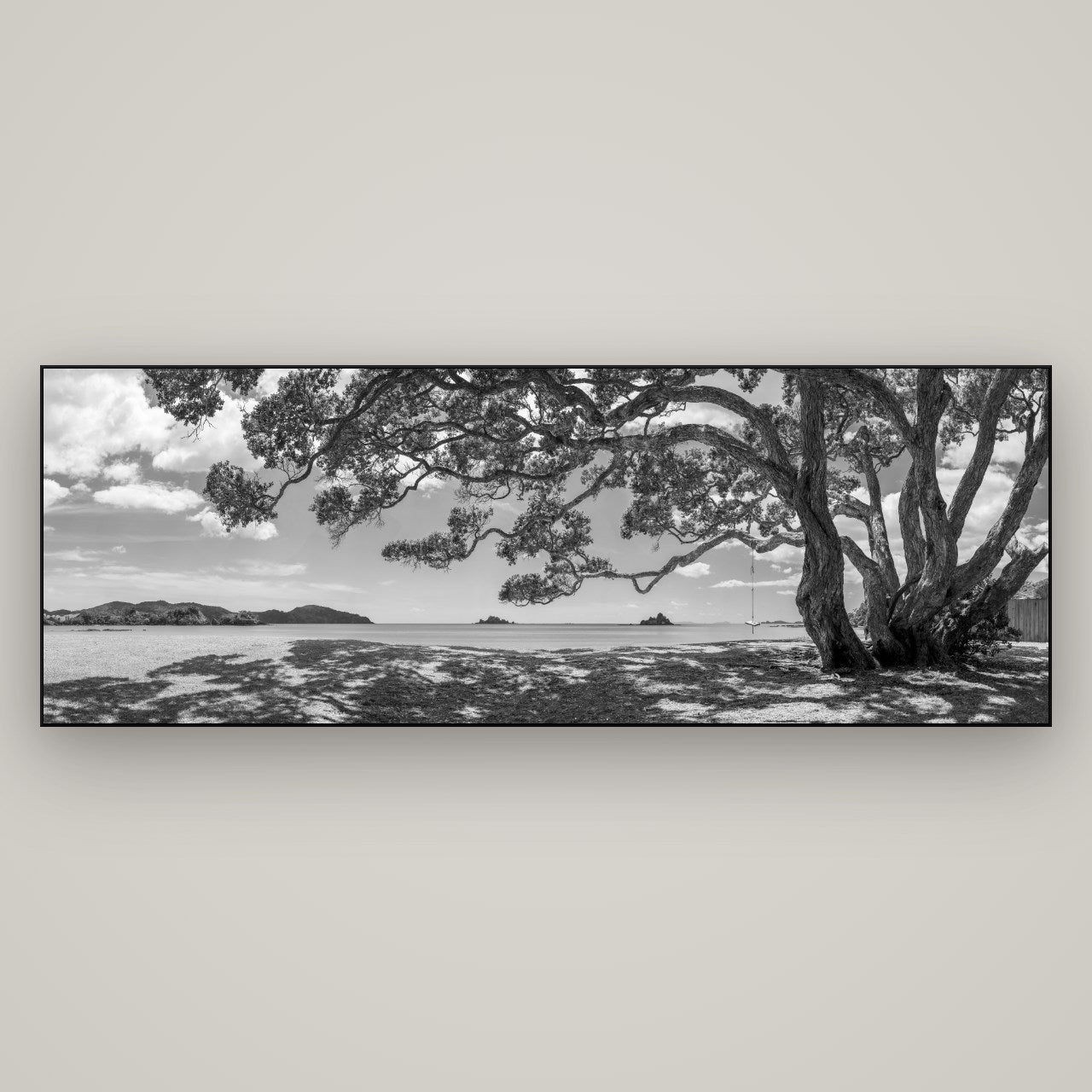 Harbour of Summer Light, Pōhutukawa Bloom, Bay of Islands — Slimline Black, 198×70 cm. New Zealand fine art wall art by Stephen Milner.