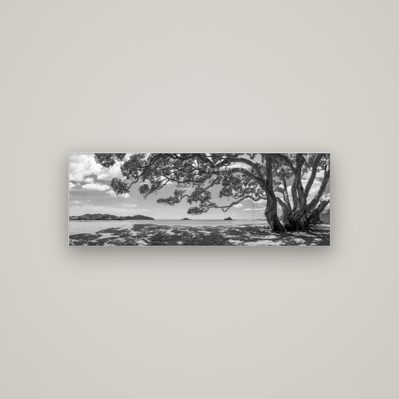 Harbour of Summer Light, Pōhutukawa Bloom, Bay of Islands — Slimline Silver, 113×40 cm. New Zealand fine art wall art by Stephen Milner.