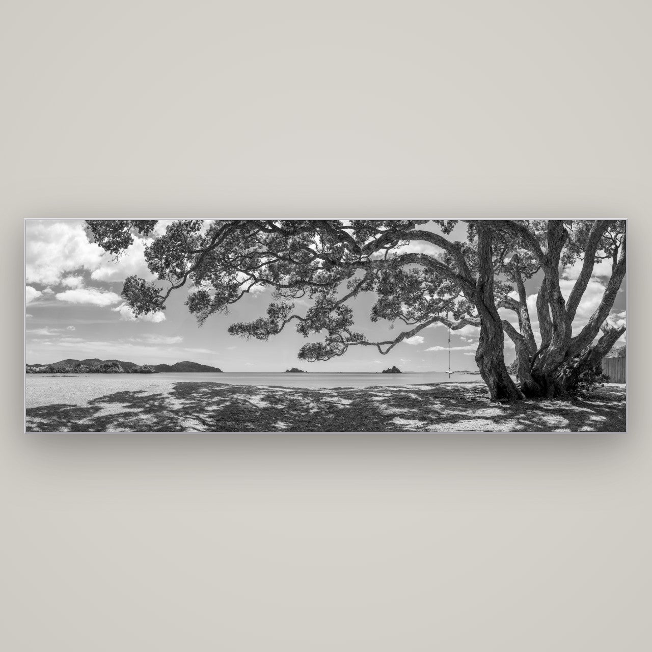 Harbour of Summer Light, Pōhutukawa Bloom, Bay of Islands — Slimline Silver, 198×70 cm. New Zealand fine art wall art by Stephen Milner.