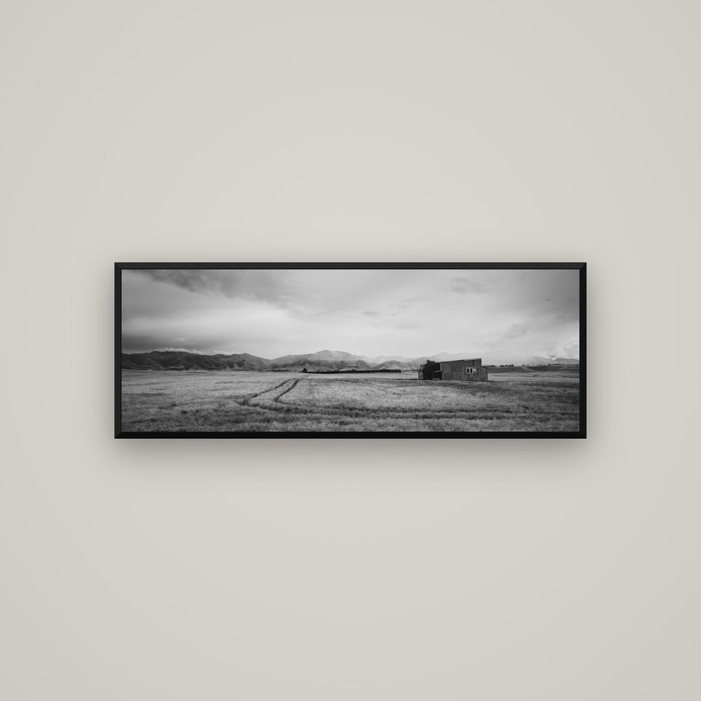 Harvest Light, Canterbury — Basel Black Matte, 113×40 cm. New Zealand fine art wall art by Stephen Milner.