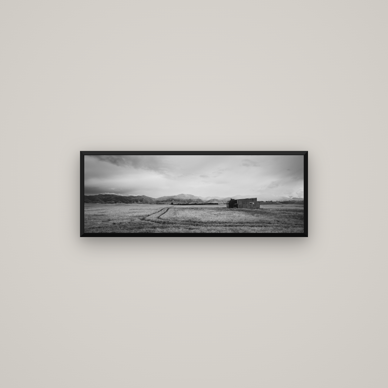 Harvest Light, Canterbury — Basel Black Matte, 85×30 cm. New Zealand fine art wall art by Stephen Milner.