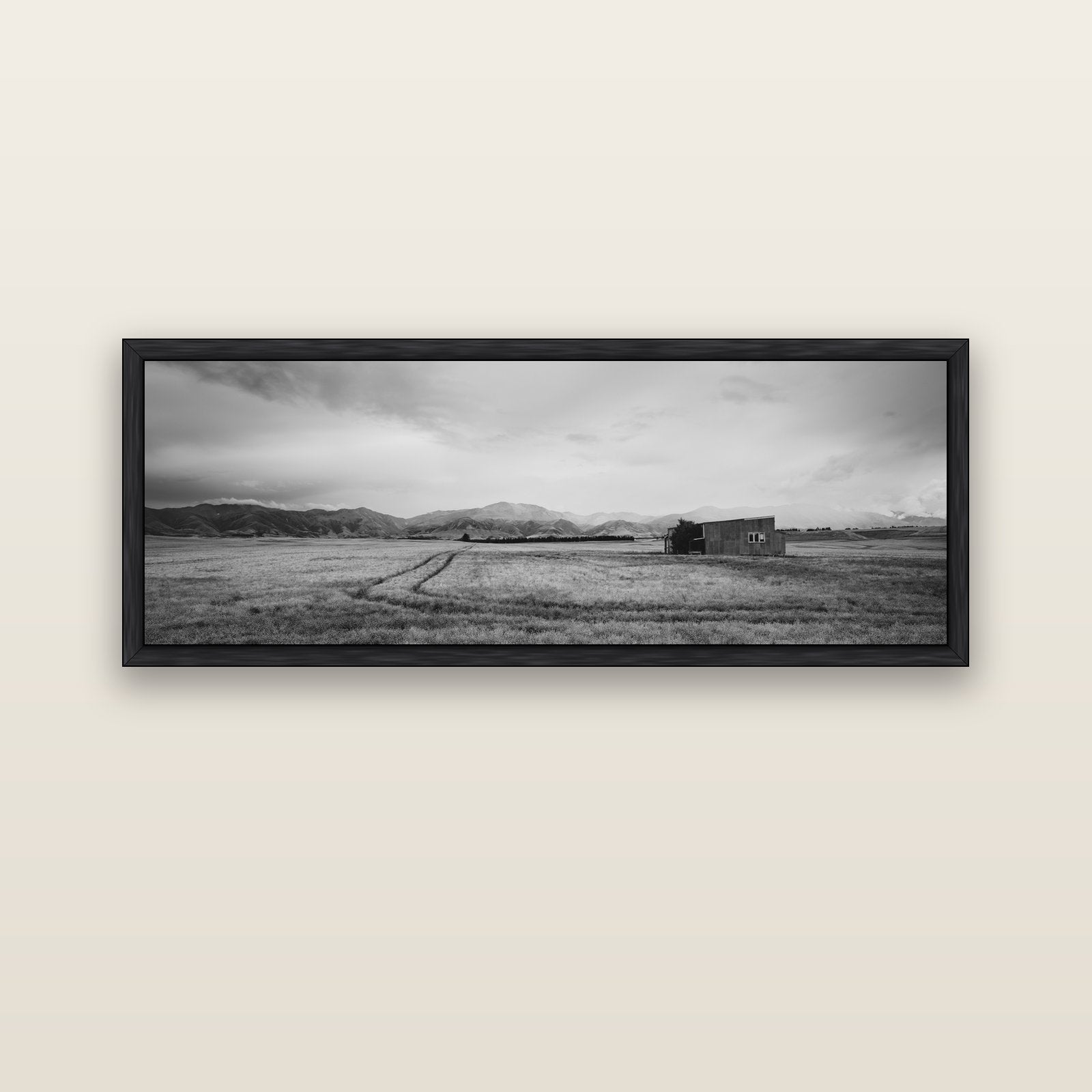 Harvest Light, Canterbury — black float frame canvas, 152 × 56 cm. New Zealand fine art landscape wall art by Stephen Milner.