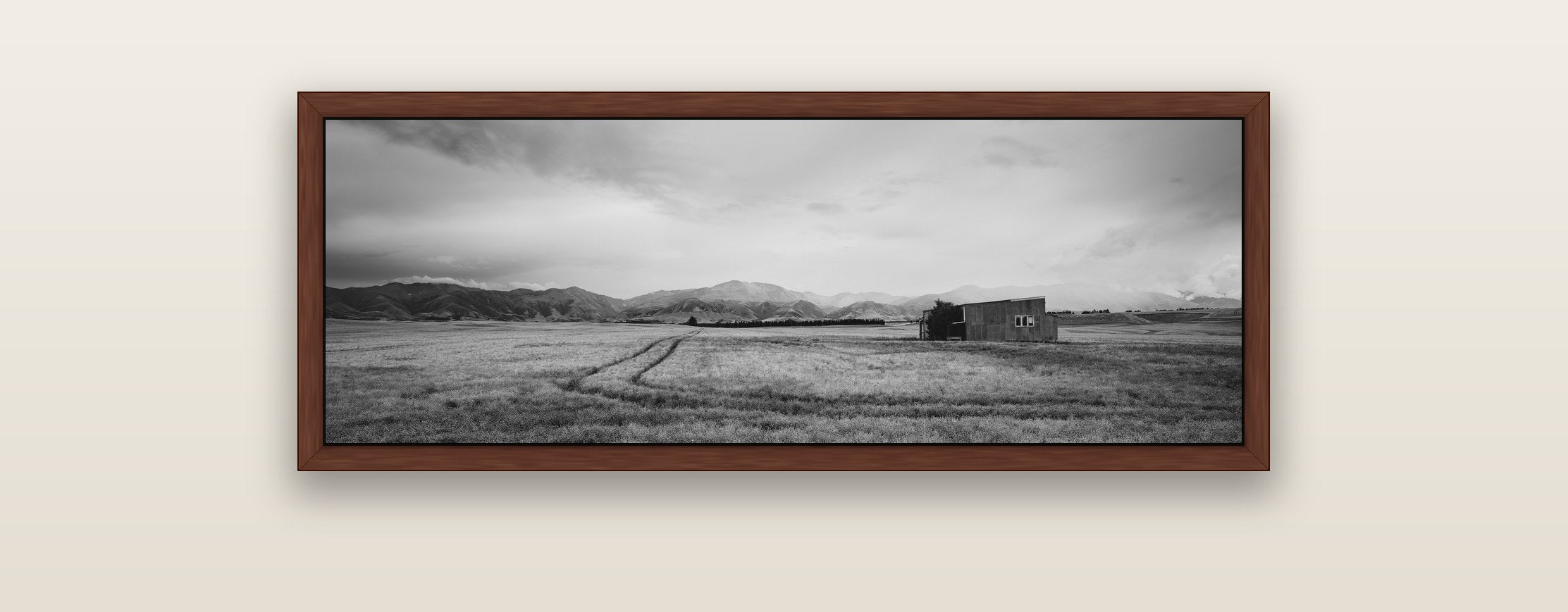 Harvest Light, Canterbury — brown float frame framed canvas print. New Zealand fine art landscape wall art by Stephen Milner.