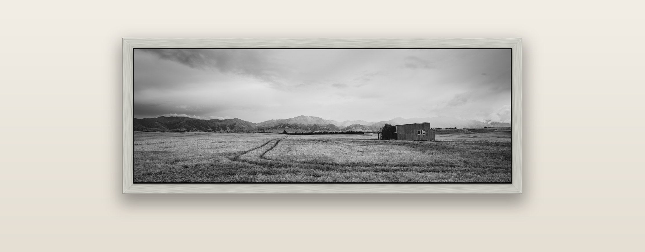 Harvest Light, Canterbury — silver float frame framed canvas print. New Zealand fine art landscape wall art by Stephen Milner.