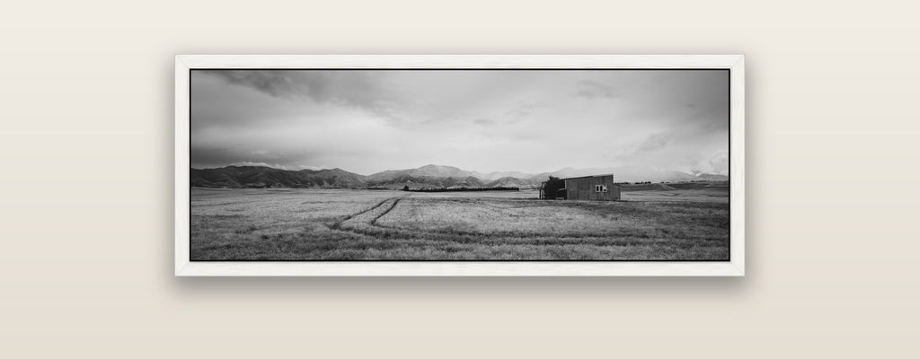 Harvest Light, Canterbury — white float frame framed canvas print. New Zealand fine art landscape wall art by Stephen Milner.