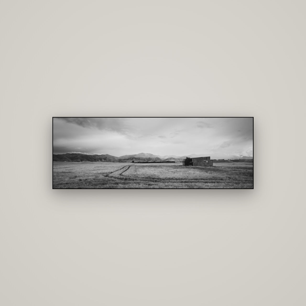 Harvest Light, Canterbury — Slimline Black, 113×40 cm. New Zealand fine art wall art by Stephen Milner.