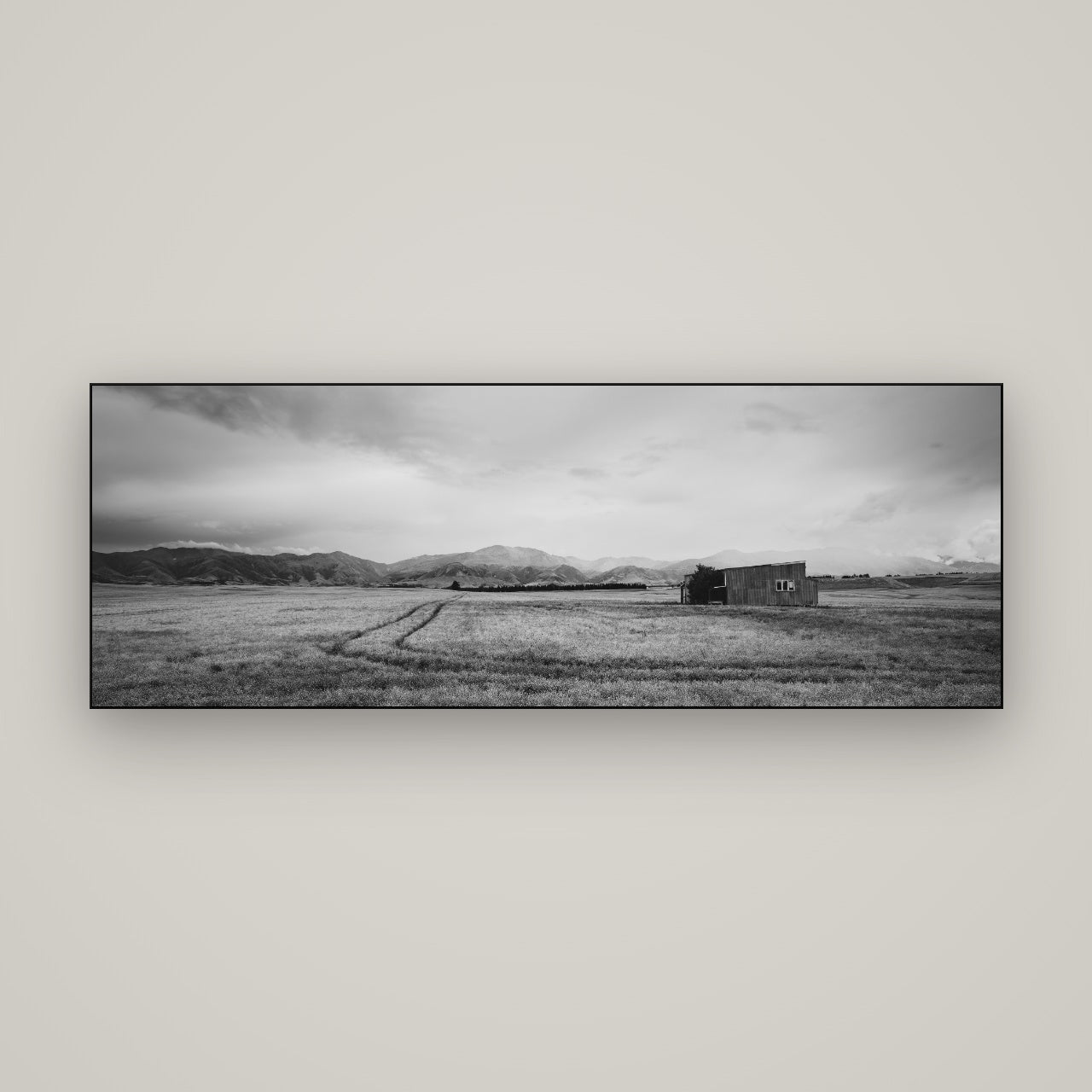 Harvest Light, Canterbury — Slimline Black, 170×60 cm. New Zealand fine art wall art by Stephen Milner.