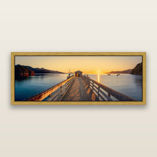 Journey to Sunrise, French Pass Pier — framed metallic canvas print, Antique Gold frame. New Zealand fine art landscape wall art by Stephen Milner.