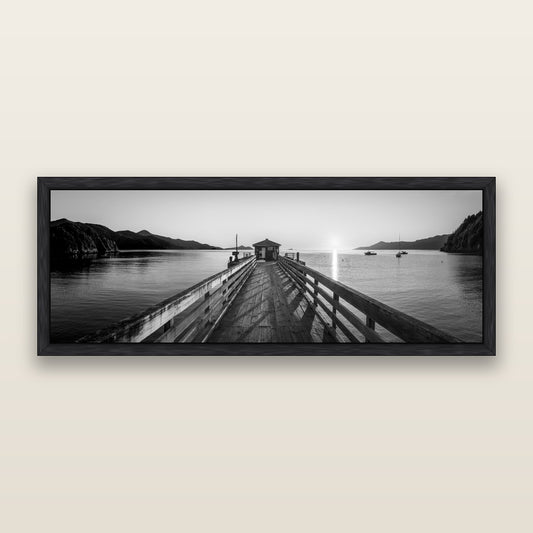 Journey to Sunrise, French Pass Pier, black and white framed metallic canvas print, Black frame. New Zealand fine art wall art by Stephen Milner.