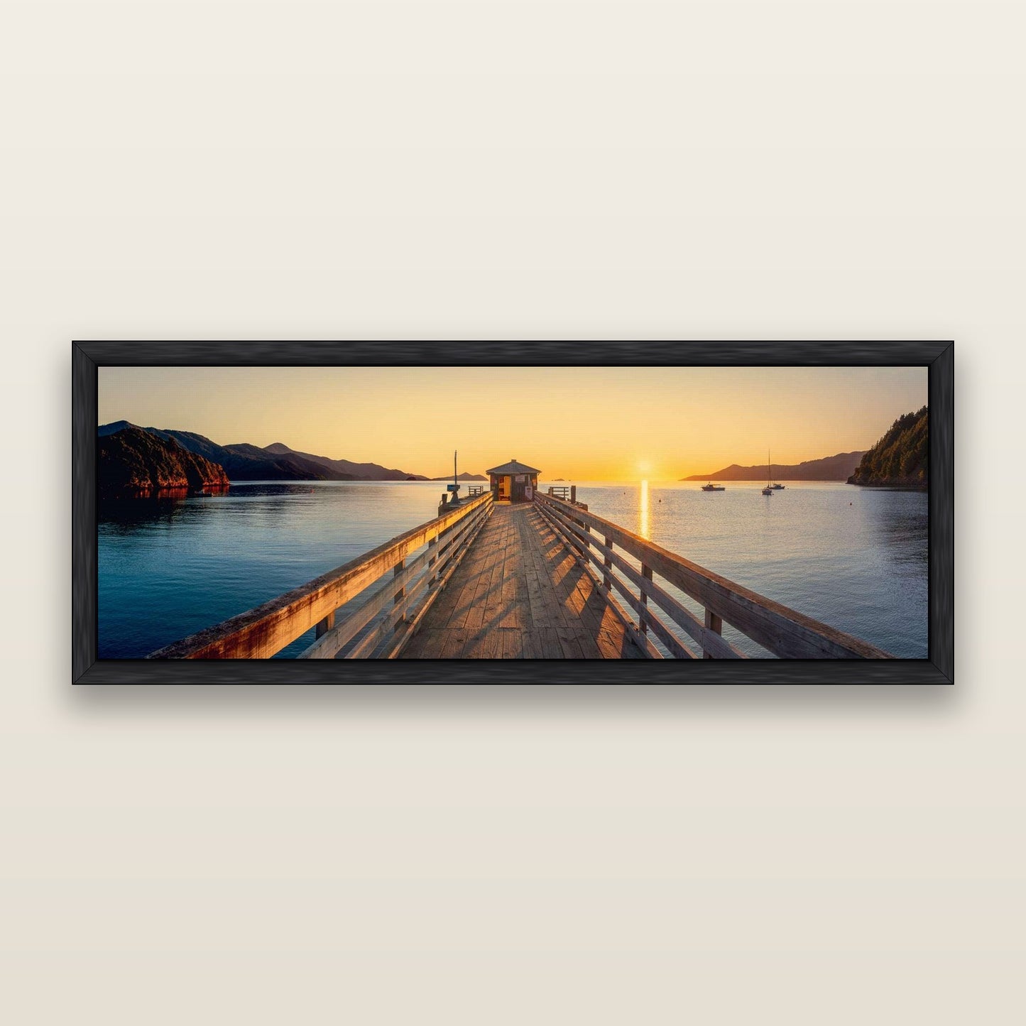 Journey to Sunrise, French Pass Pier — framed metallic canvas print, Black frame. New Zealand fine art landscape wall art by Stephen Milner.