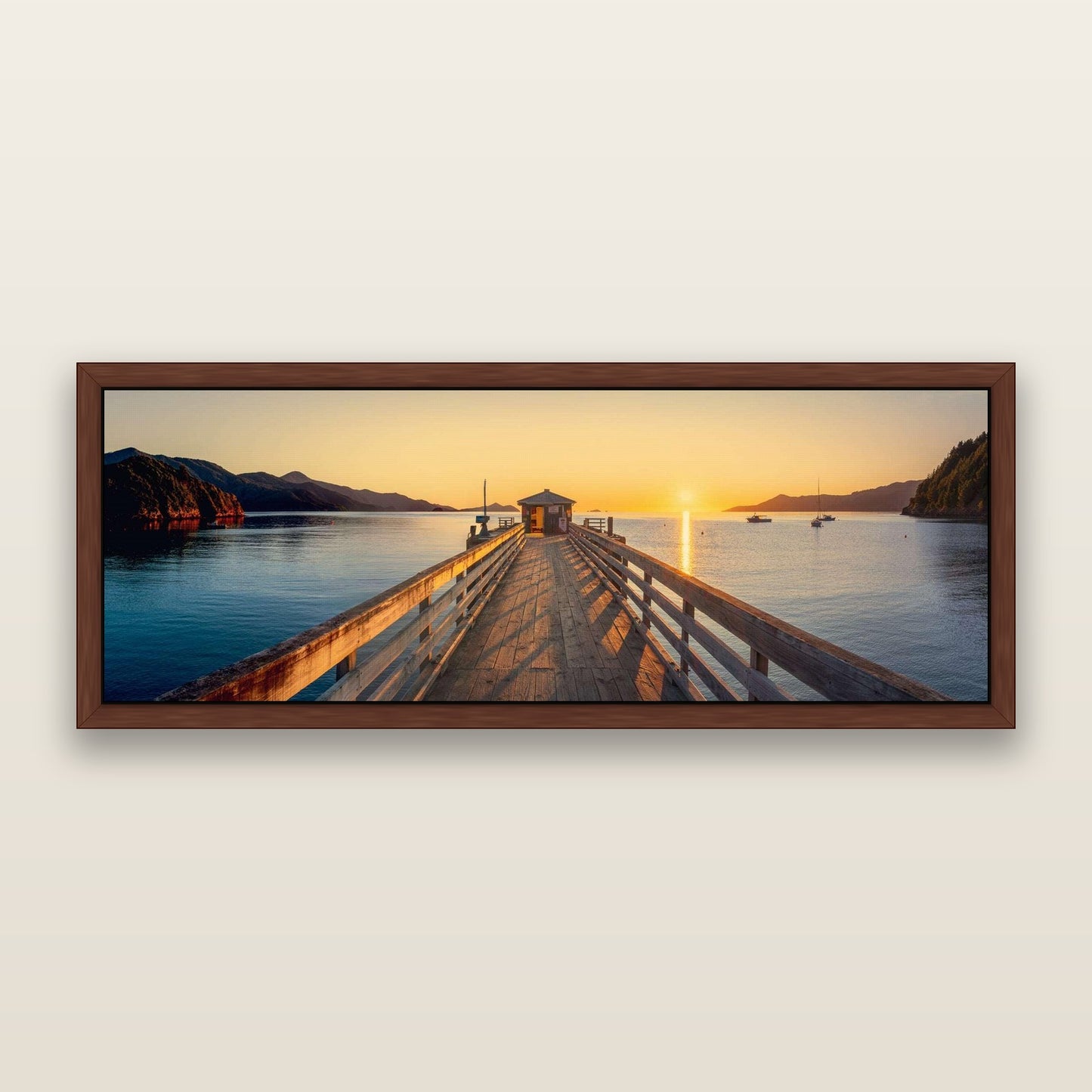 Journey to Sunrise, French Pass Pier — framed metallic canvas print, Brown frame. New Zealand fine art landscape wall art by Stephen Milner.