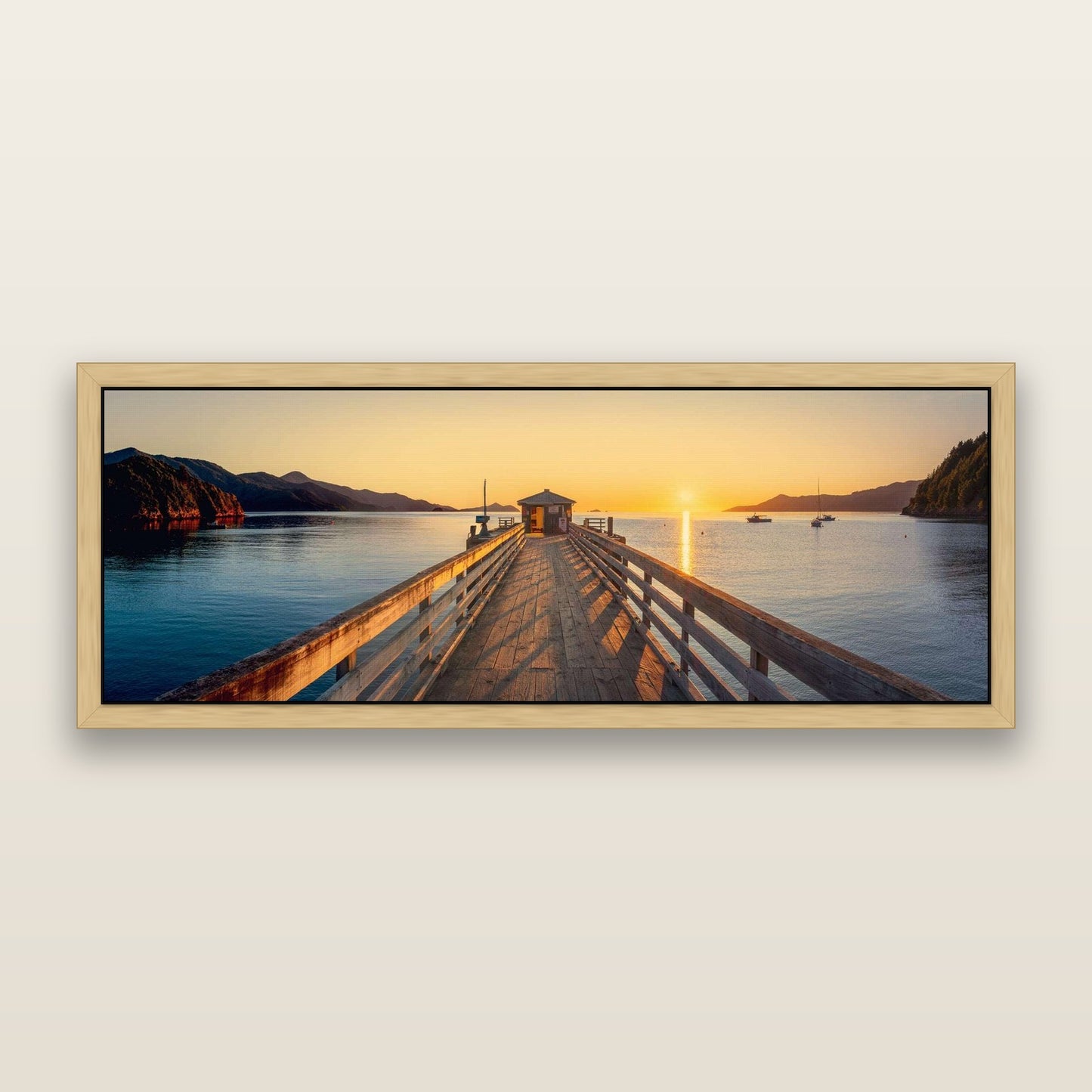 Journey to Sunrise, French Pass Pier — framed metallic canvas print, Natural frame. New Zealand fine art landscape wall art by Stephen Milner.