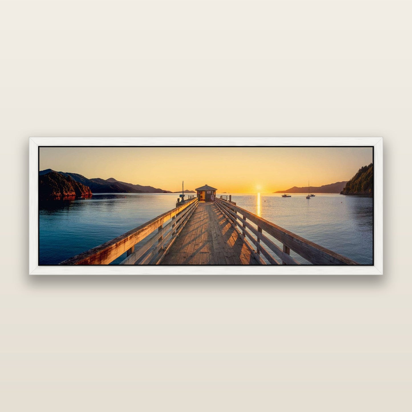 Journey to Sunrise, French Pass Pier — framed metallic canvas print, White frame. New Zealand fine art landscape wall art by Stephen Milner.