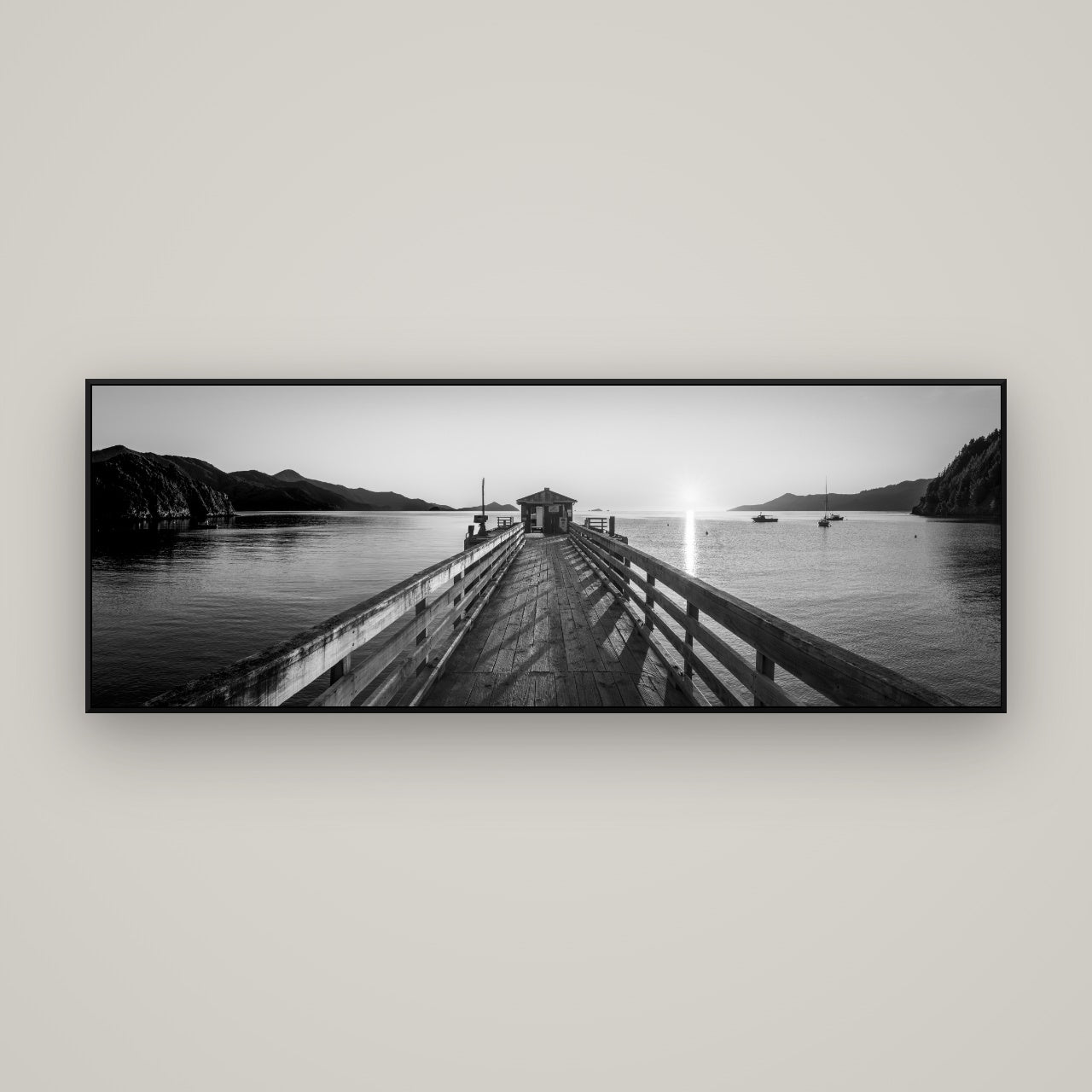 Journey to Sunrise, French Pass Pier — ArtBox Black, 170×60 cm. New Zealand fine art wall art by Stephen Milner.