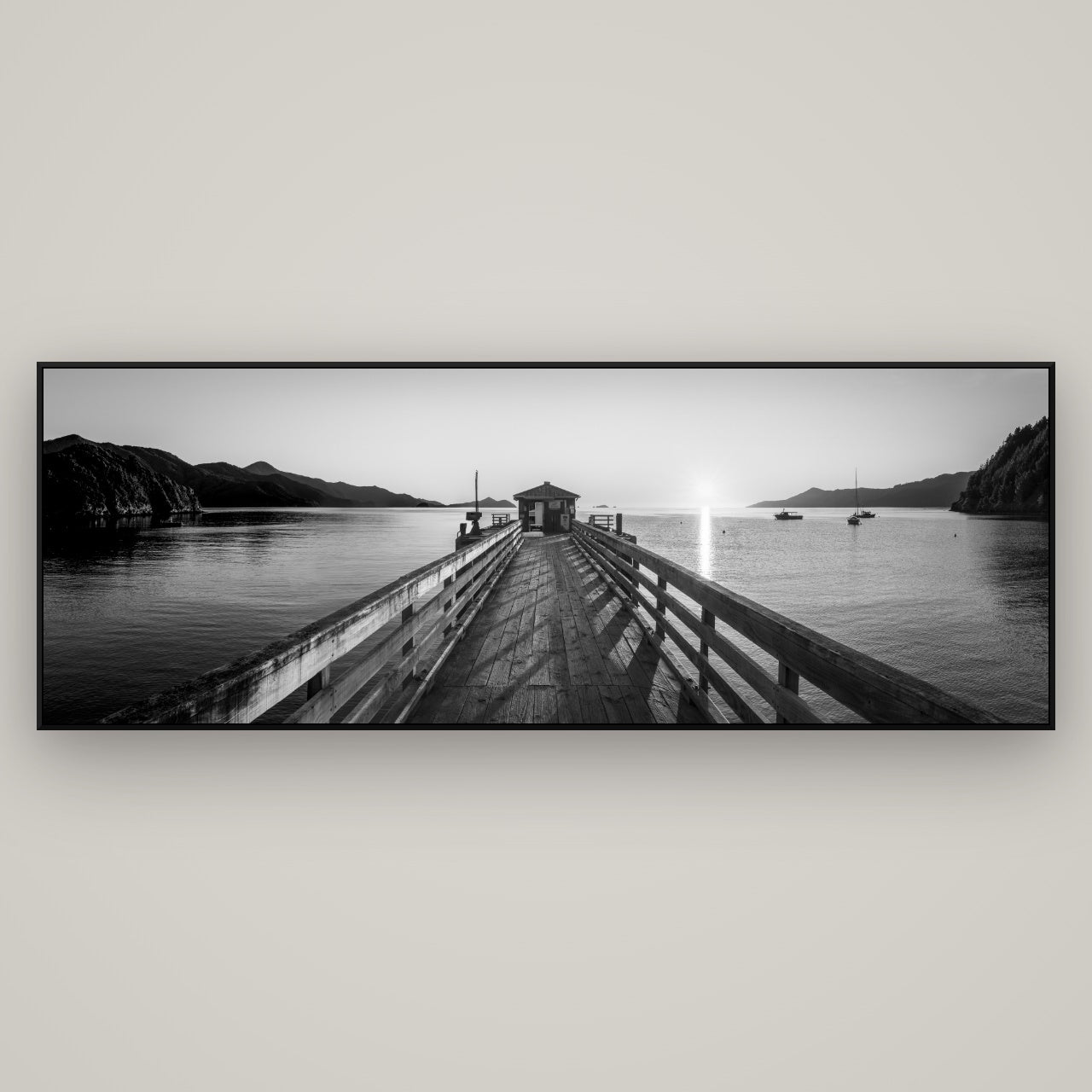 Journey to Sunrise, French Pass Pier — ArtBox Black, 198×70 cm. New Zealand fine art wall art by Stephen Milner.