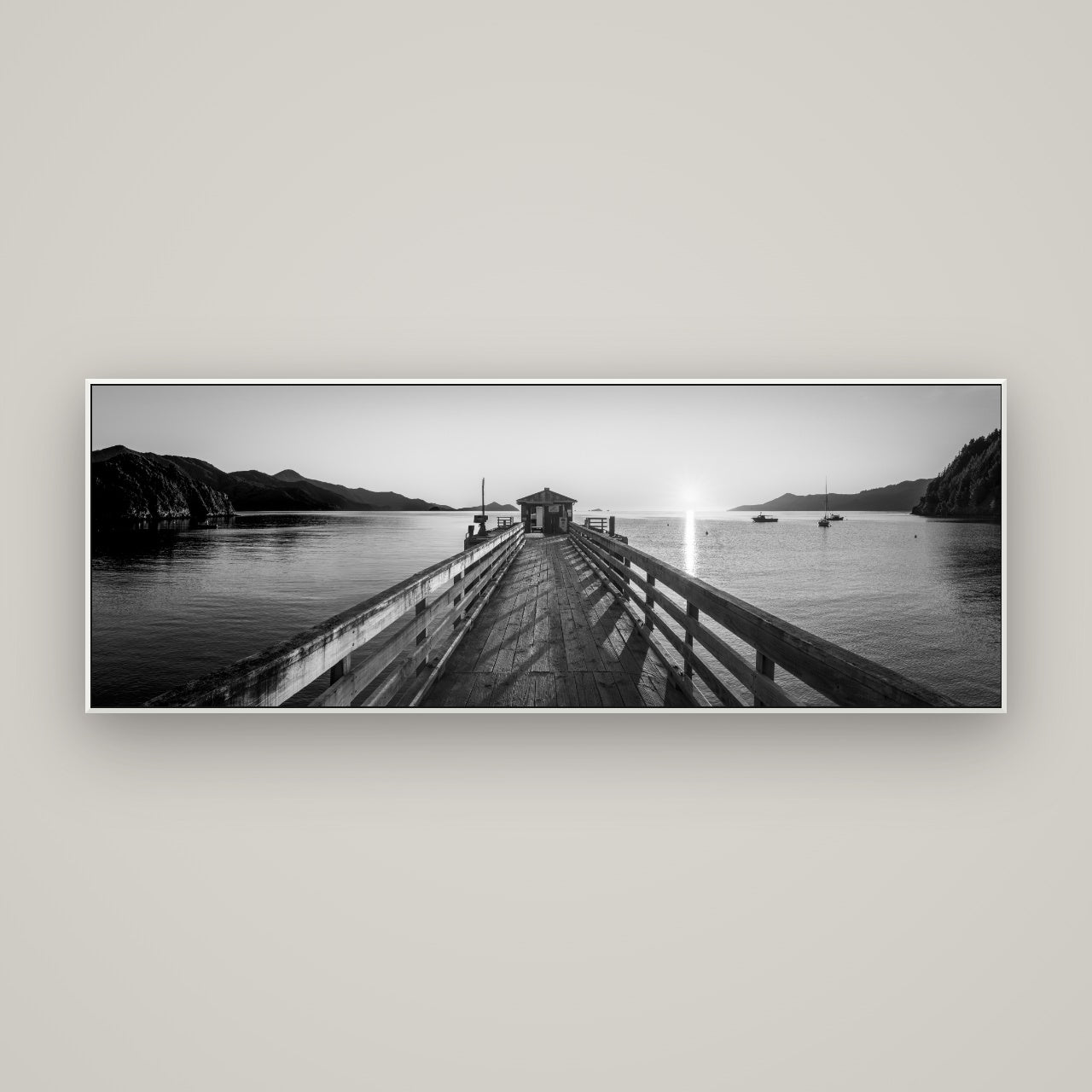 Journey to Sunrise, French Pass Pier — ArtBox White, 170×60 cm. New Zealand fine art wall art by Stephen Milner.