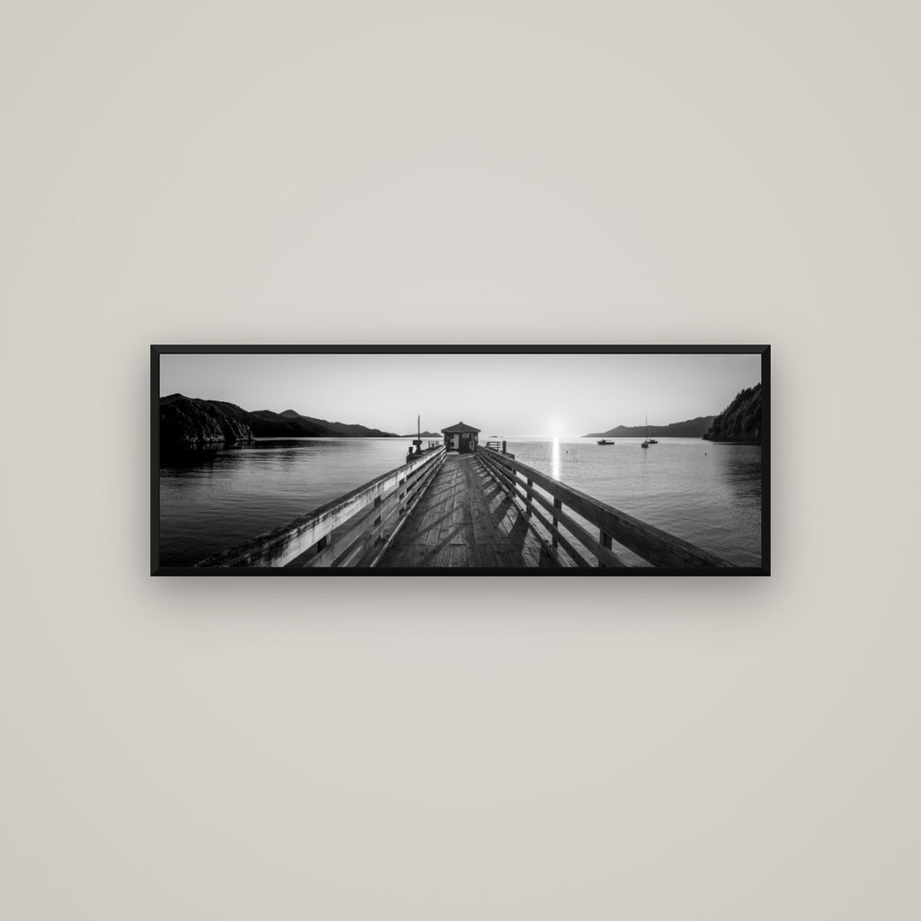 Journey to Sunrise, French Pass Pier — Basel Black Matte, 113×40 cm. New Zealand fine art wall art by Stephen Milner.
