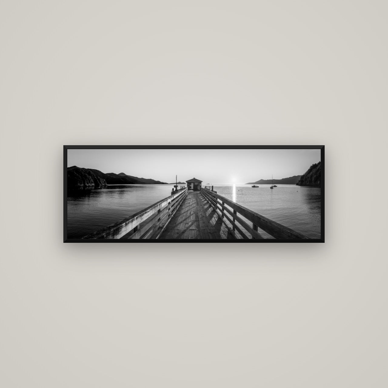 Journey to Sunrise, French Pass Pier — Basel Black, 113×40 cm. New Zealand fine art wall art by Stephen Milner.