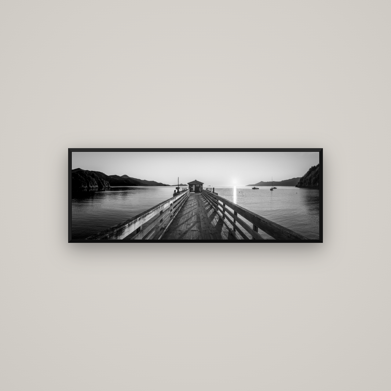 Journey to Sunrise, French Pass Pier — Basel Black Matte, 113×40 cm. New Zealand fine art wall art by Stephen Milner.