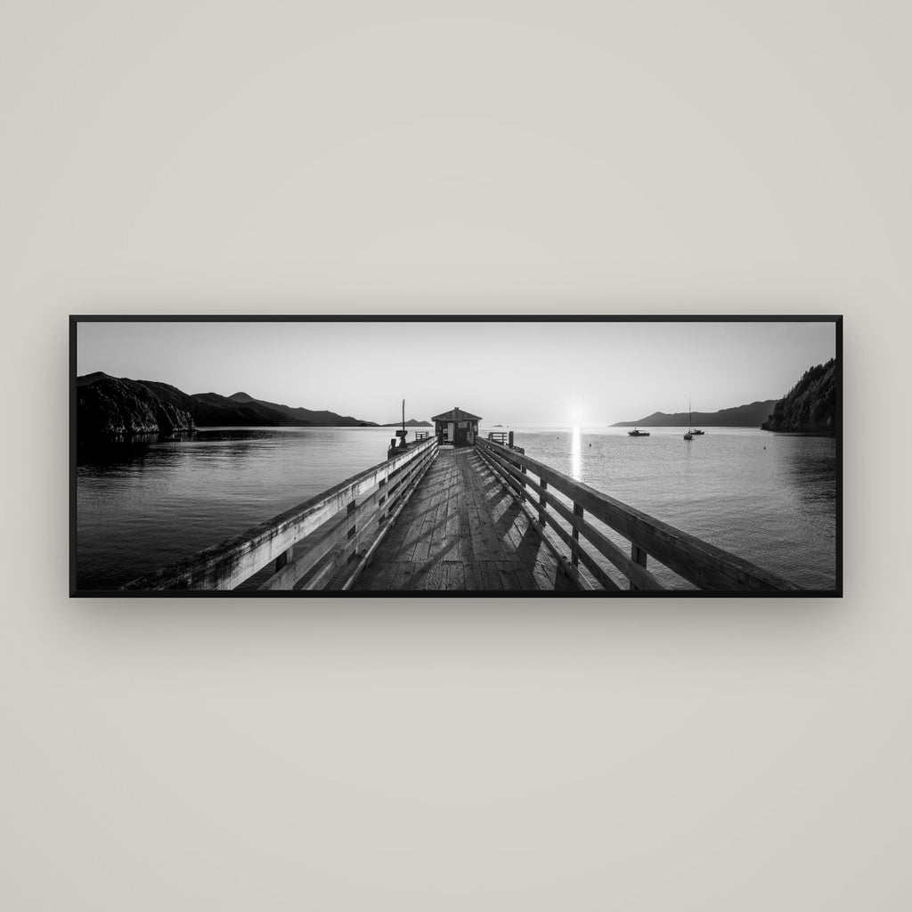 Journey to Sunrise, French Pass Pier — Basel Black Matte, 170×60 cm. New Zealand fine art wall art by Stephen Milner.