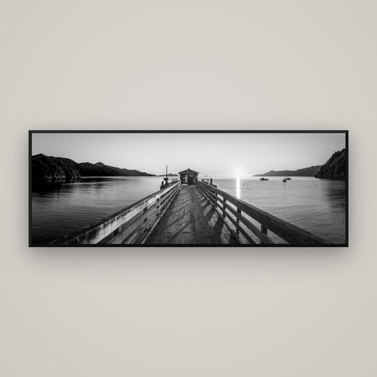 Journey to Sunrise, French Pass Pier — Basel Black, 170×60 cm. New Zealand fine art wall art by Stephen Milner.