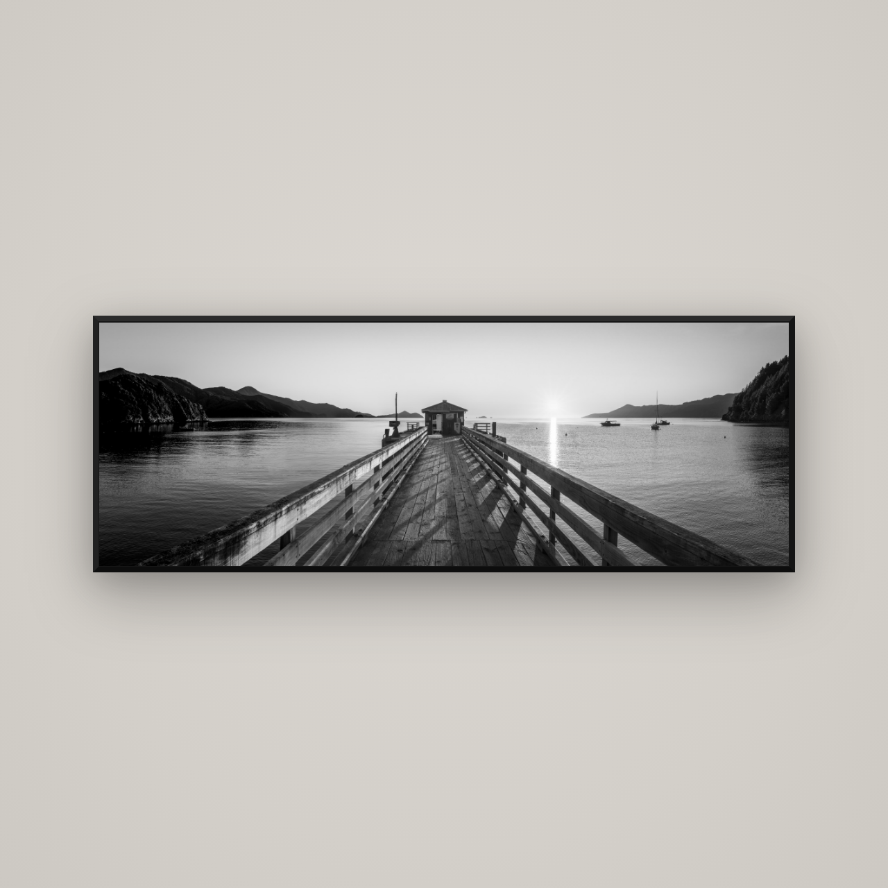 Journey to Sunrise, French Pass Pier — Basel Black Matte, 170×60 cm. New Zealand fine art wall art by Stephen Milner.