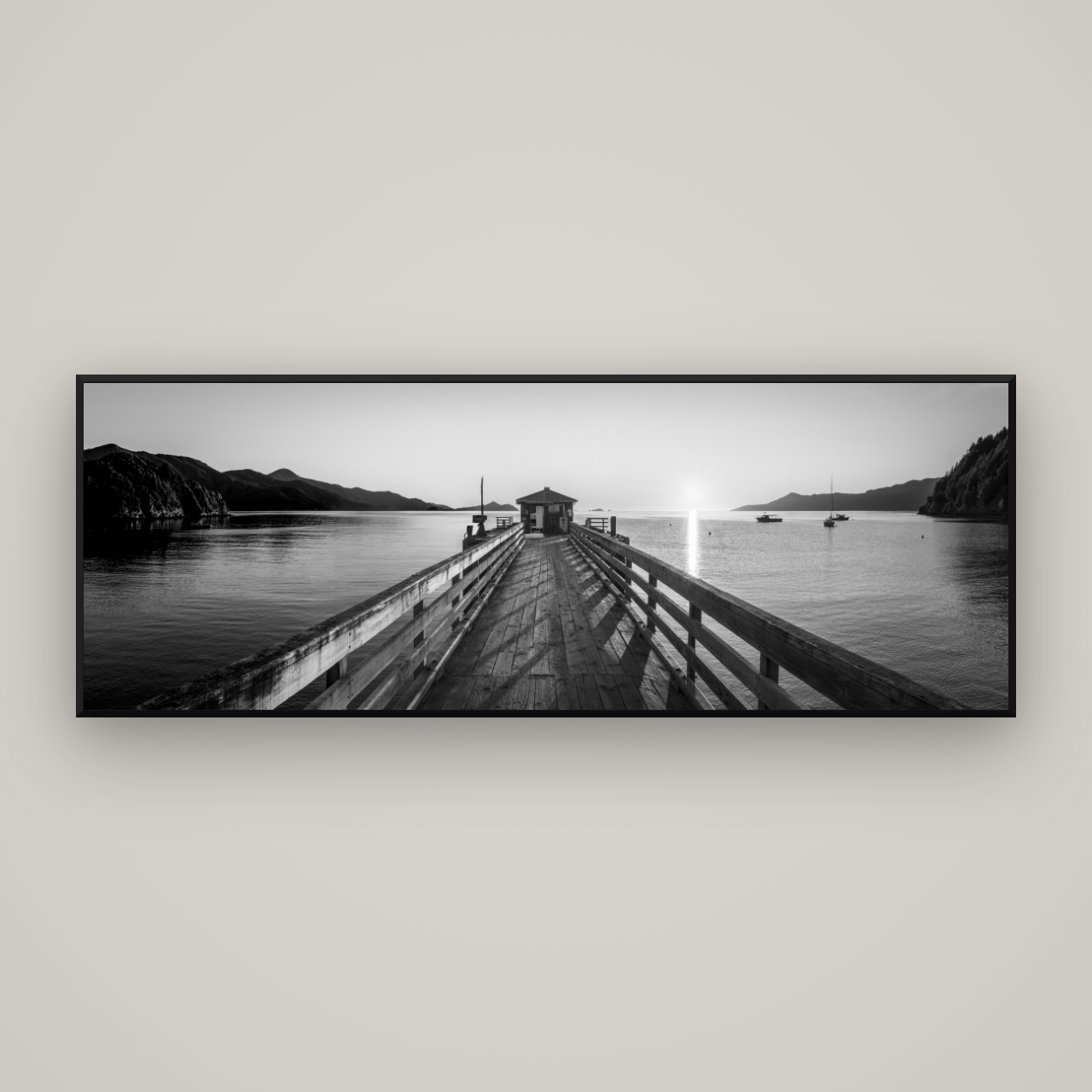 Journey to Sunrise, French Pass Pier — Basel Black Matte, 198×70 cm. New Zealand fine art wall art by Stephen Milner.