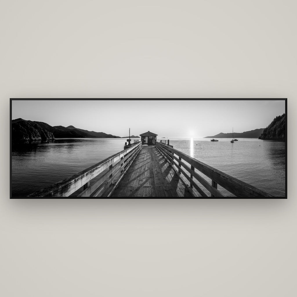 Journey to Sunrise, French Pass Pier — Basel Black Matte, 198×70 cm. New Zealand fine art wall art by Stephen Milner.