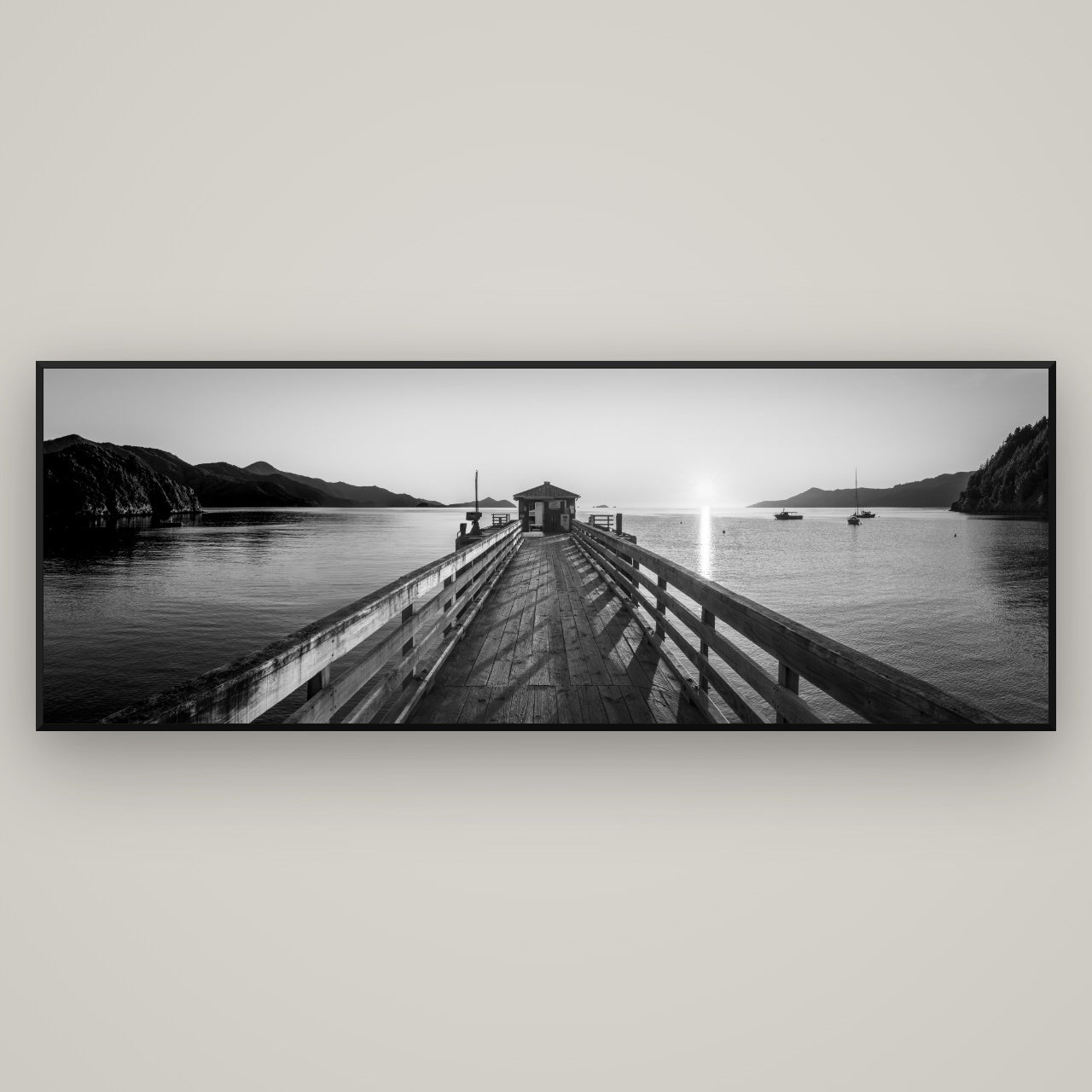Journey to Sunrise, French Pass Pier — Basel Black, 198×70 cm. New Zealand fine art wall art by Stephen Milner.
