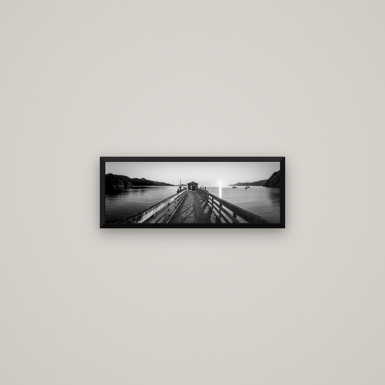 Journey to Sunrise, French Pass Pier — Basel Black Matte, 57×20 cm. New Zealand fine art wall art by Stephen Milner.