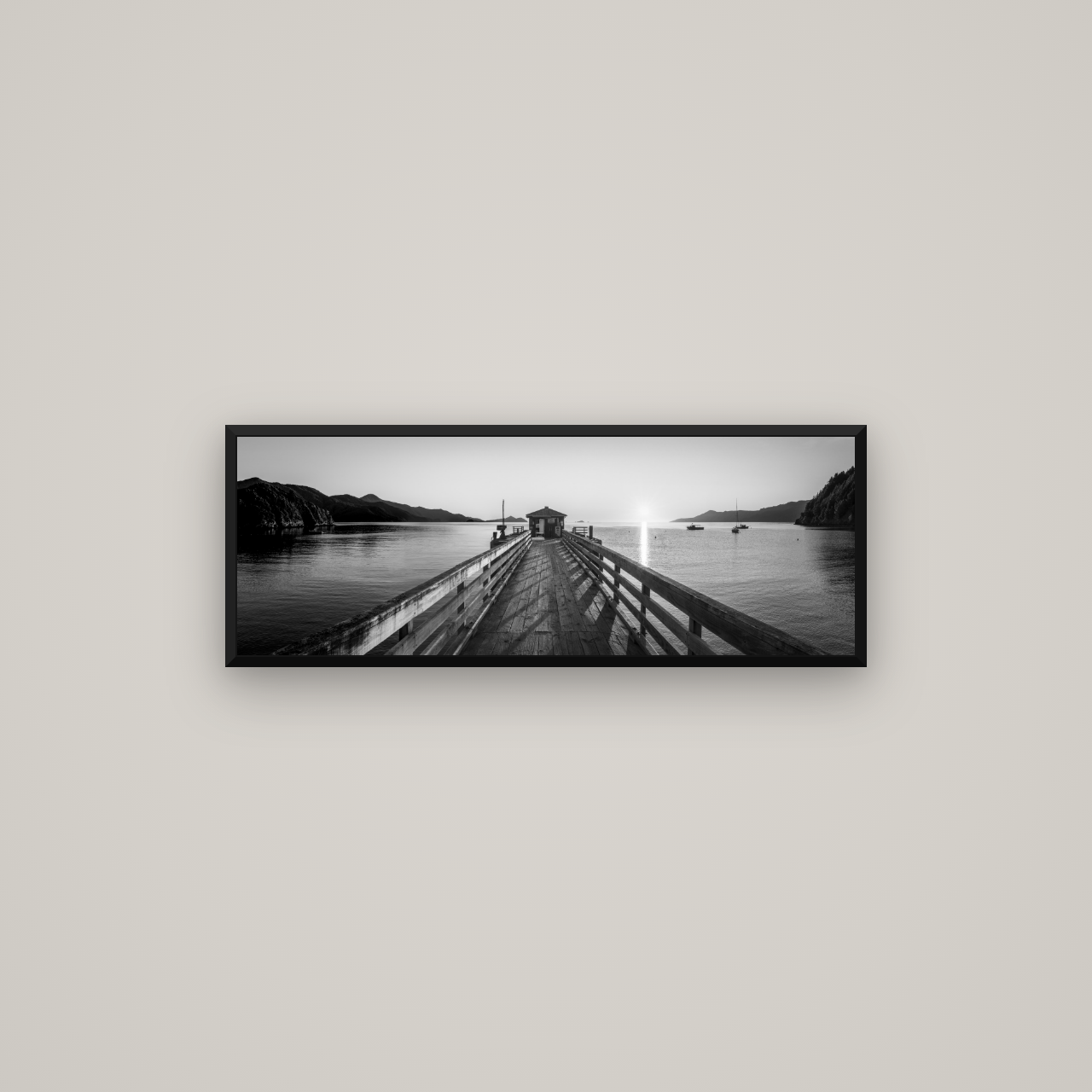 Journey to Sunrise, French Pass Pier — Basel Black Matte, 85×30 cm. New Zealand fine art wall art by Stephen Milner.