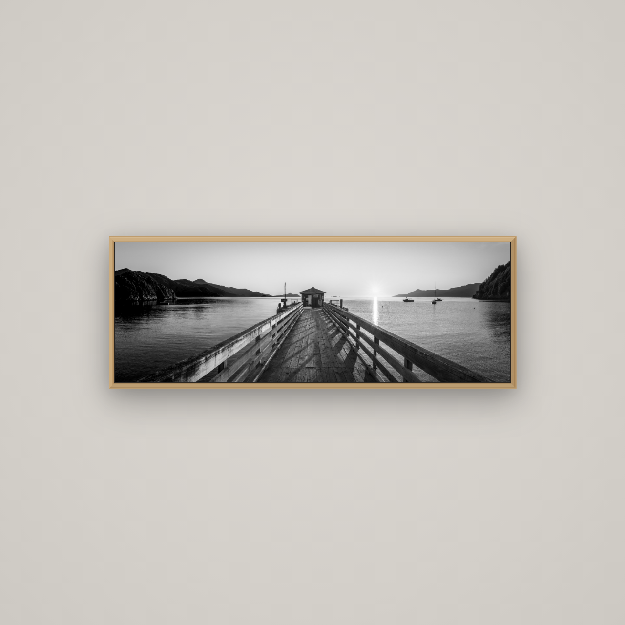 Journey to Sunrise, French Pass Pier, Basel Natural Oak, 113×40 cm. New Zealand fine art wall art by Stephen Milner.