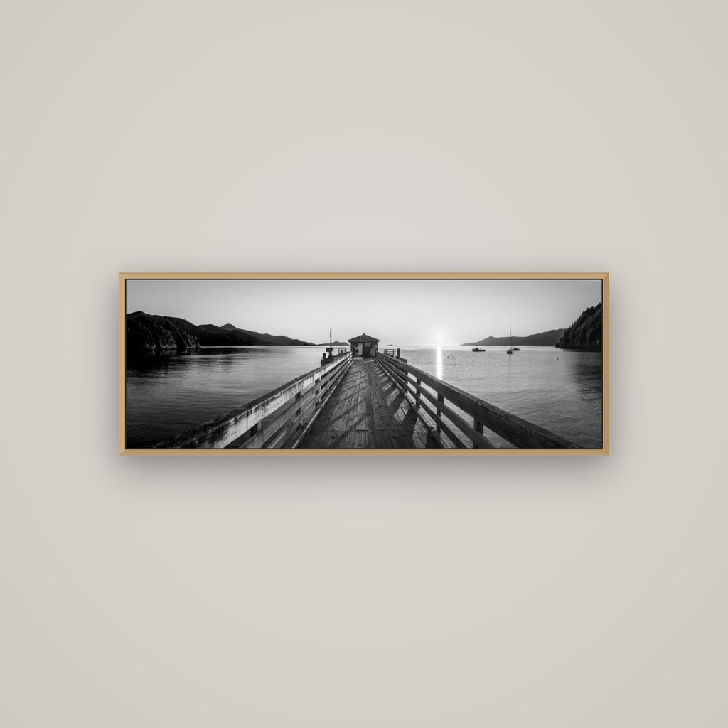 Journey to Sunrise, French Pass Pier, Basel Natural Oak, 113×40 cm. New Zealand fine art wall art by Stephen Milner.