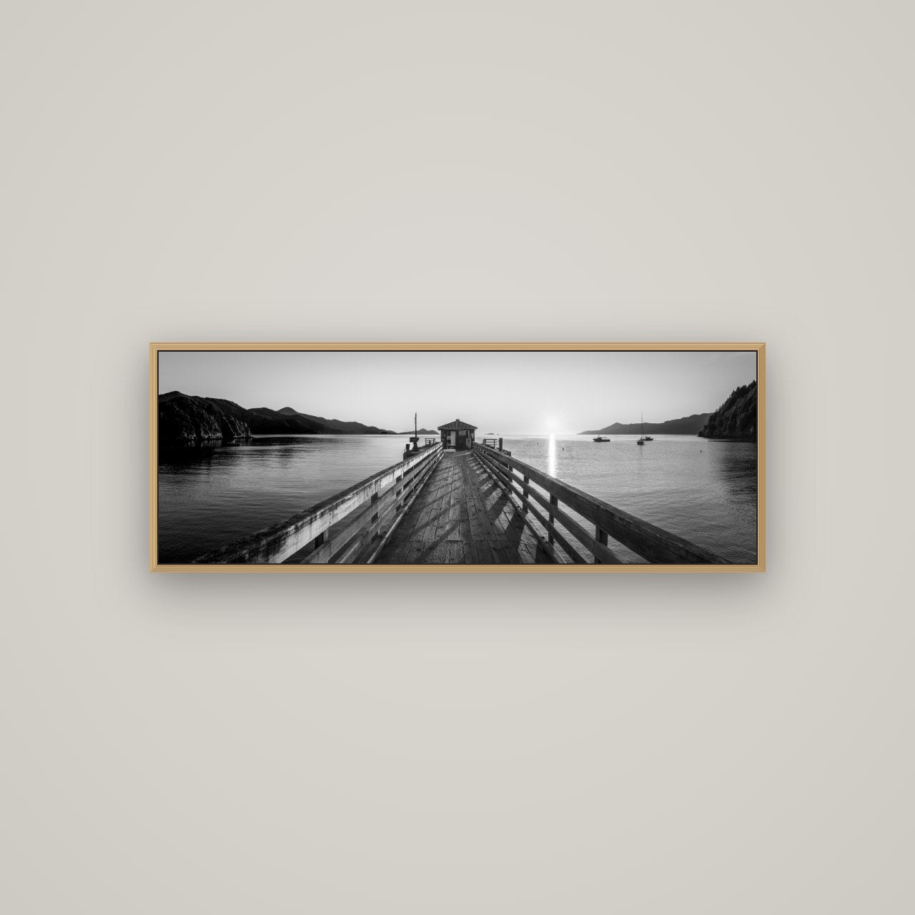 Journey to Sunrise, French Pass Pier, Basel Natural Oak, 113×40 cm. New Zealand fine art wall art by Stephen Milner.