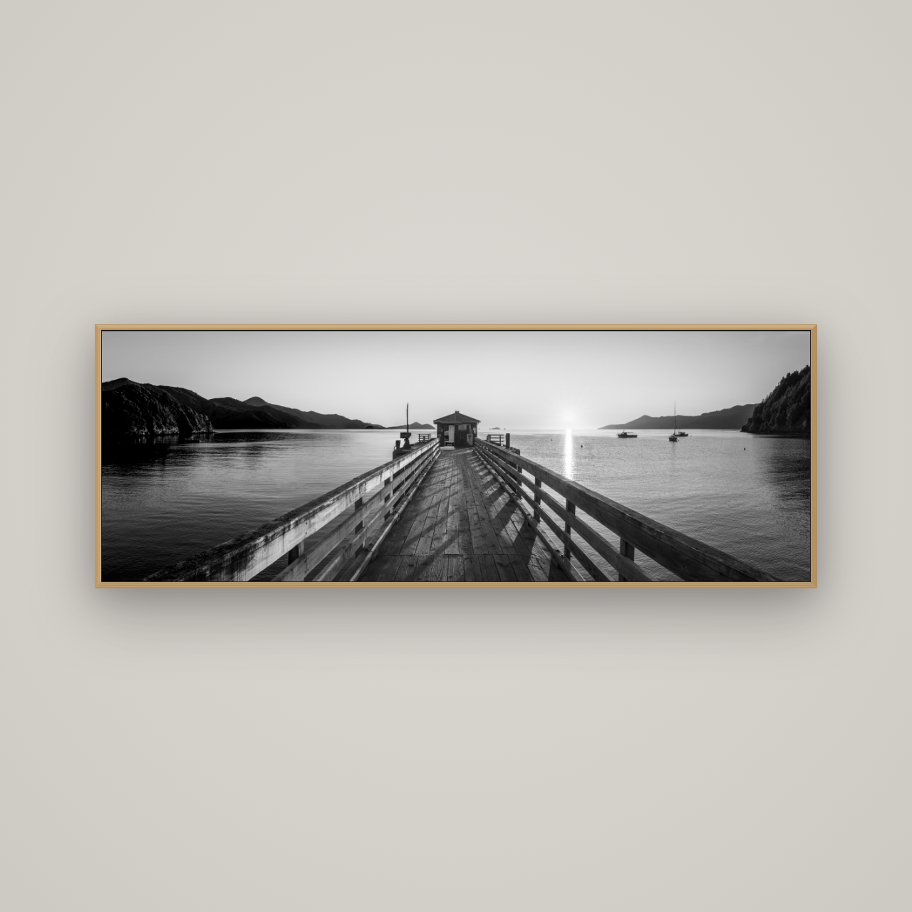 Journey to Sunrise, French Pass Pier, Basel Natural Oak, 170×60 cm. New Zealand fine art wall art by Stephen Milner.