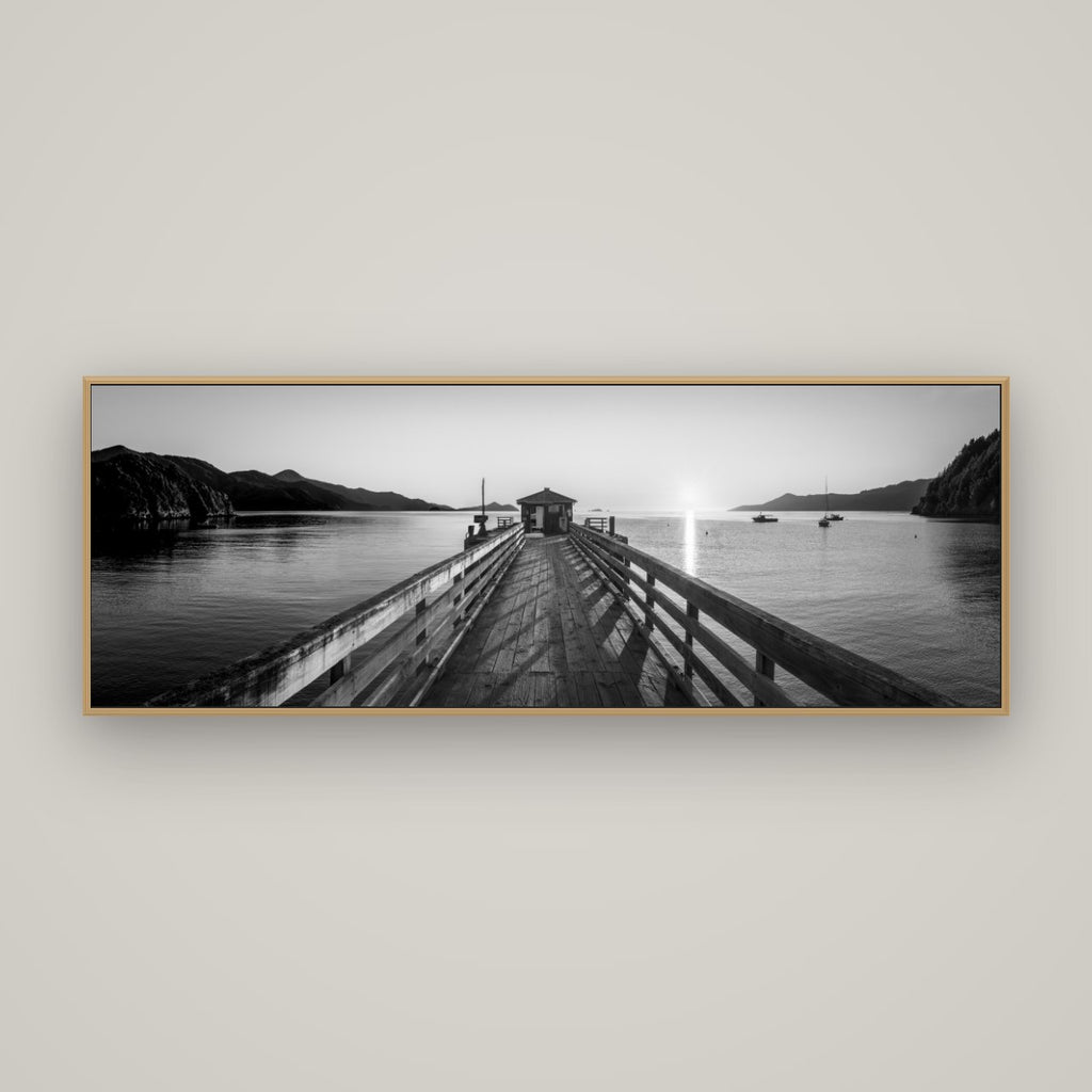 Journey to Sunrise, French Pass Pier, Basel Natural Oak, 170×60 cm. New Zealand fine art wall art by Stephen Milner.