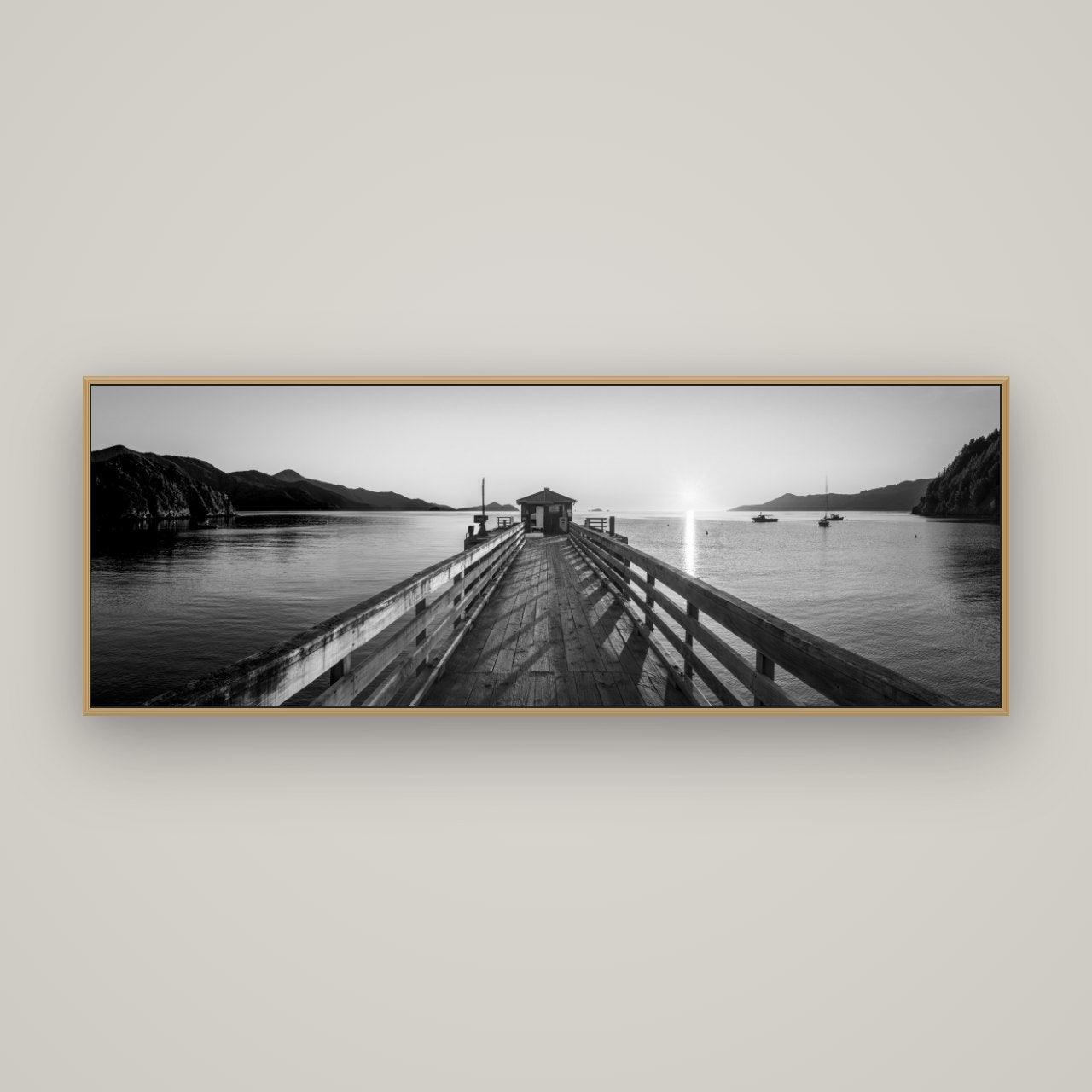 Journey to Sunrise, French Pass Pier, Basel Natural Oak, 170×60 cm. New Zealand fine art wall art by Stephen Milner.