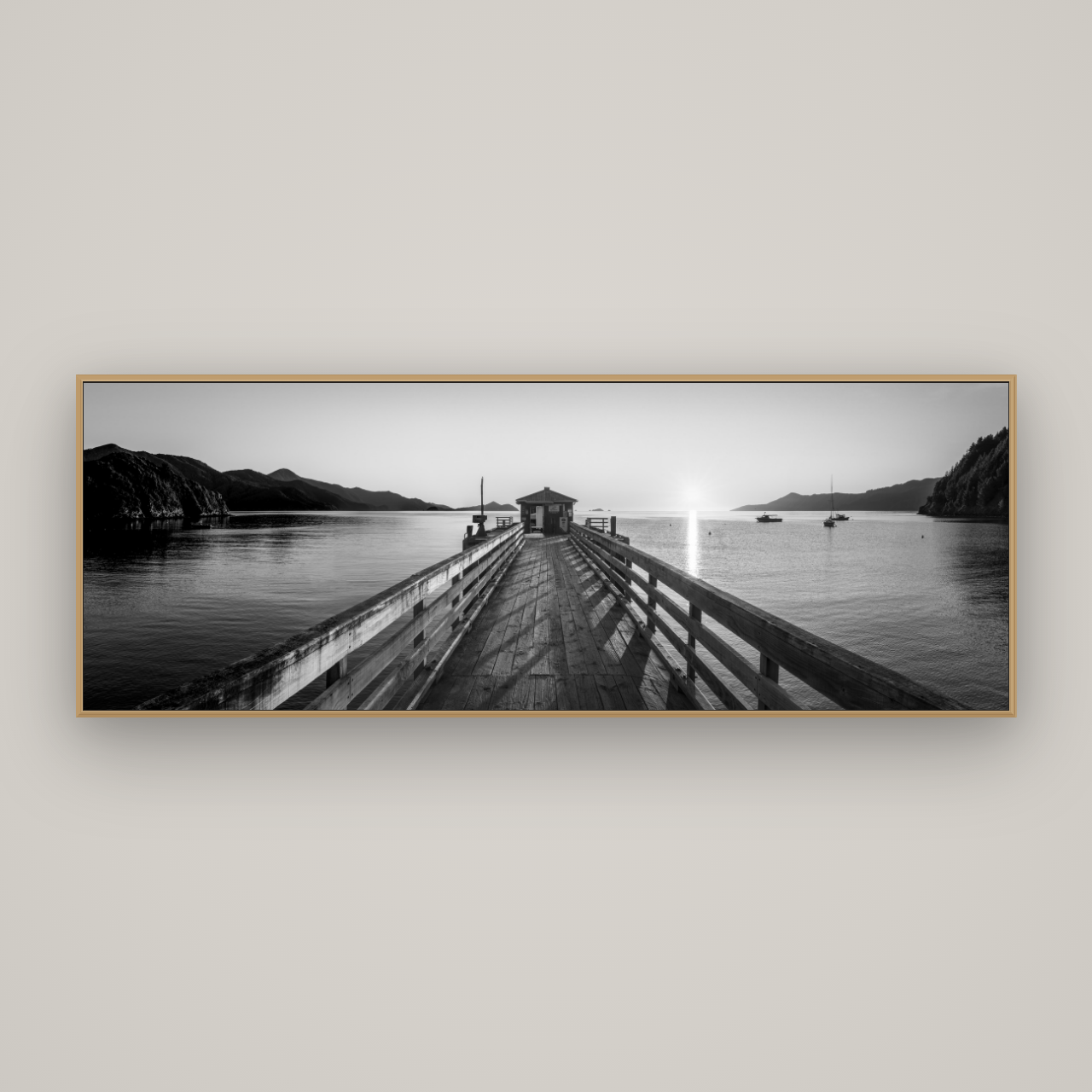 Journey to Sunrise, French Pass Pier, Basel Natural Oak, 198×70 cm. New Zealand fine art wall art by Stephen Milner.