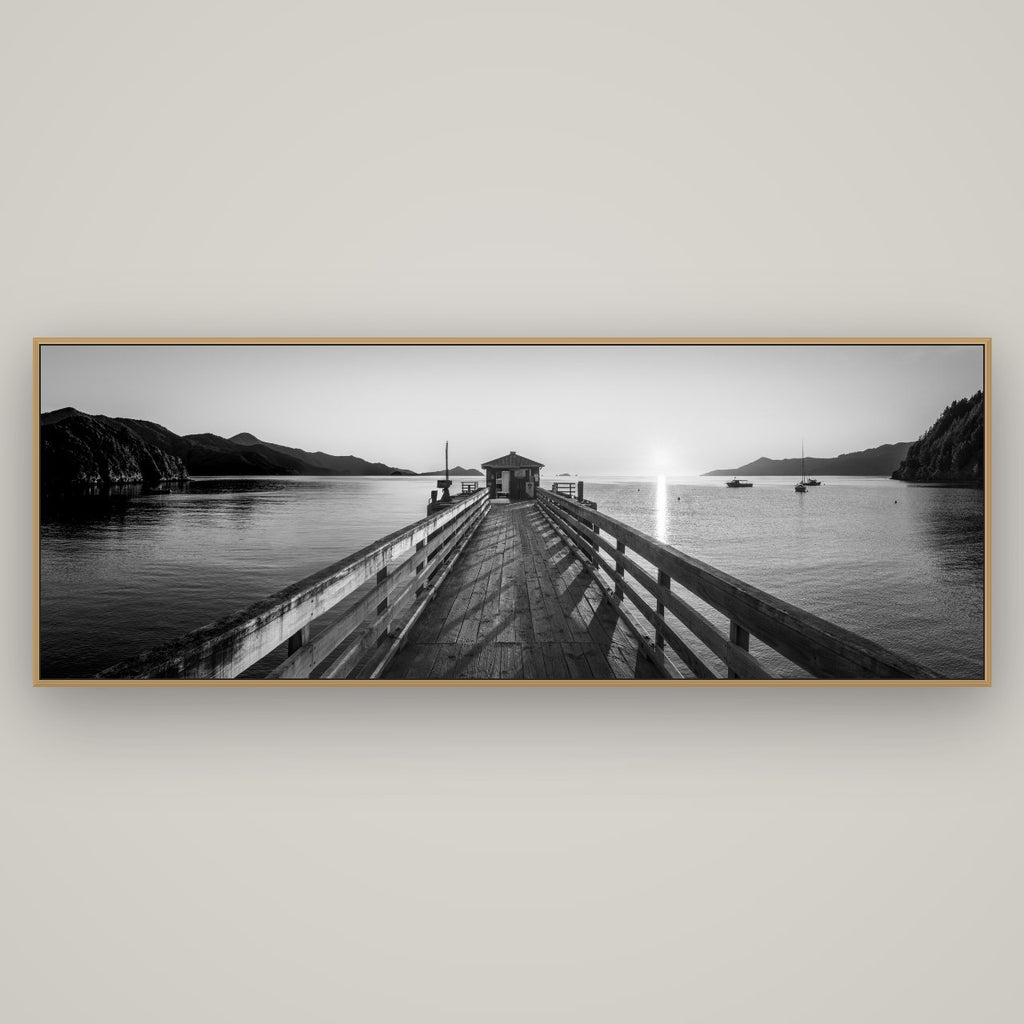 Journey to Sunrise, French Pass Pier, Basel Natural Oak, 198×70 cm. New Zealand fine art wall art by Stephen Milner.