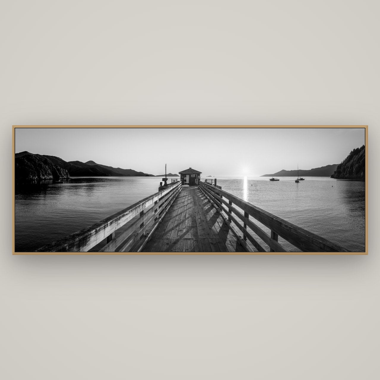 Journey to Sunrise, French Pass Pier, Basel Natural Oak, 198×70 cm. New Zealand fine art wall art by Stephen Milner.