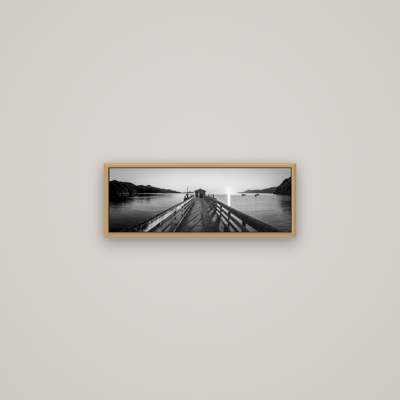 Journey to Sunrise, French Pass Pier, Basel Natural Oak, 57×20 cm. New Zealand fine art wall art by Stephen Milner.